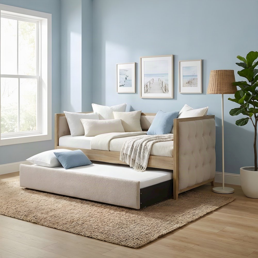 Boucle Upholstered Twin Sofa Daybed with Pull-Out Trundle, Wood Slats, Beige