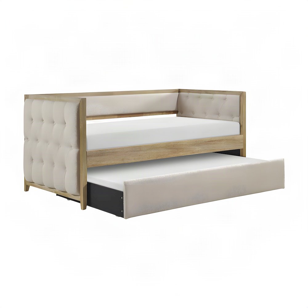 Boucle Upholstered Twin Sofa Daybed with Pull-Out Trundle, Wood Slats, Beige
