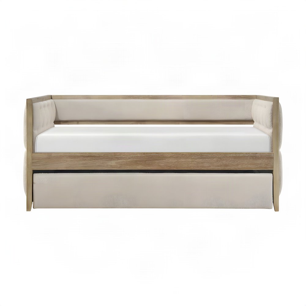 Boucle Upholstered Twin Sofa Daybed with Pull-Out Trundle, Wood Slats, Beige
