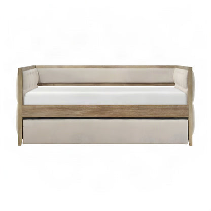 Boucle Upholstered Twin Sofa Daybed with Pull-Out Trundle, Wood Slats, Beige