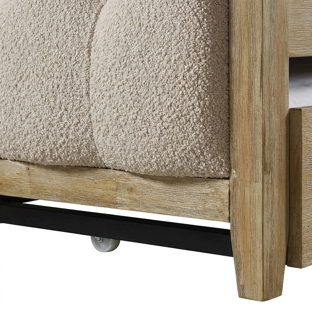 Boucle Upholstered Twin Sofa Daybed with Pull-Out Trundle, Wood Slats, Beige