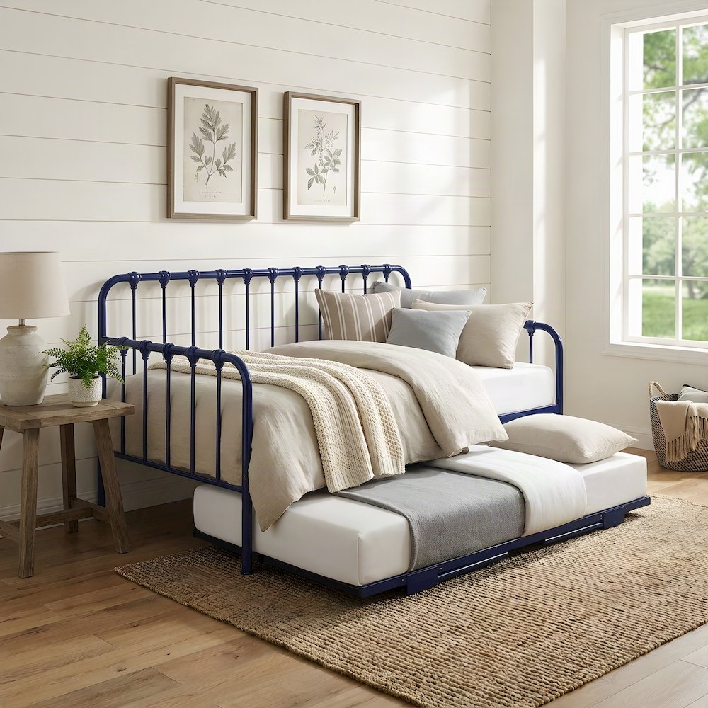 Metal Constance Twin Daybed with Trundle, Steel Slat Sofa Bed Frame, Navy Blue
