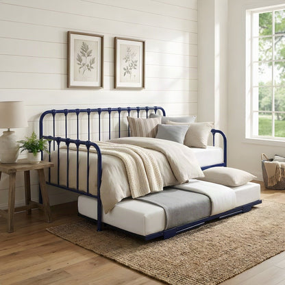 Metal Constance Twin Daybed with Trundle, Steel Slat Sofa Bed Frame, Navy Blue
