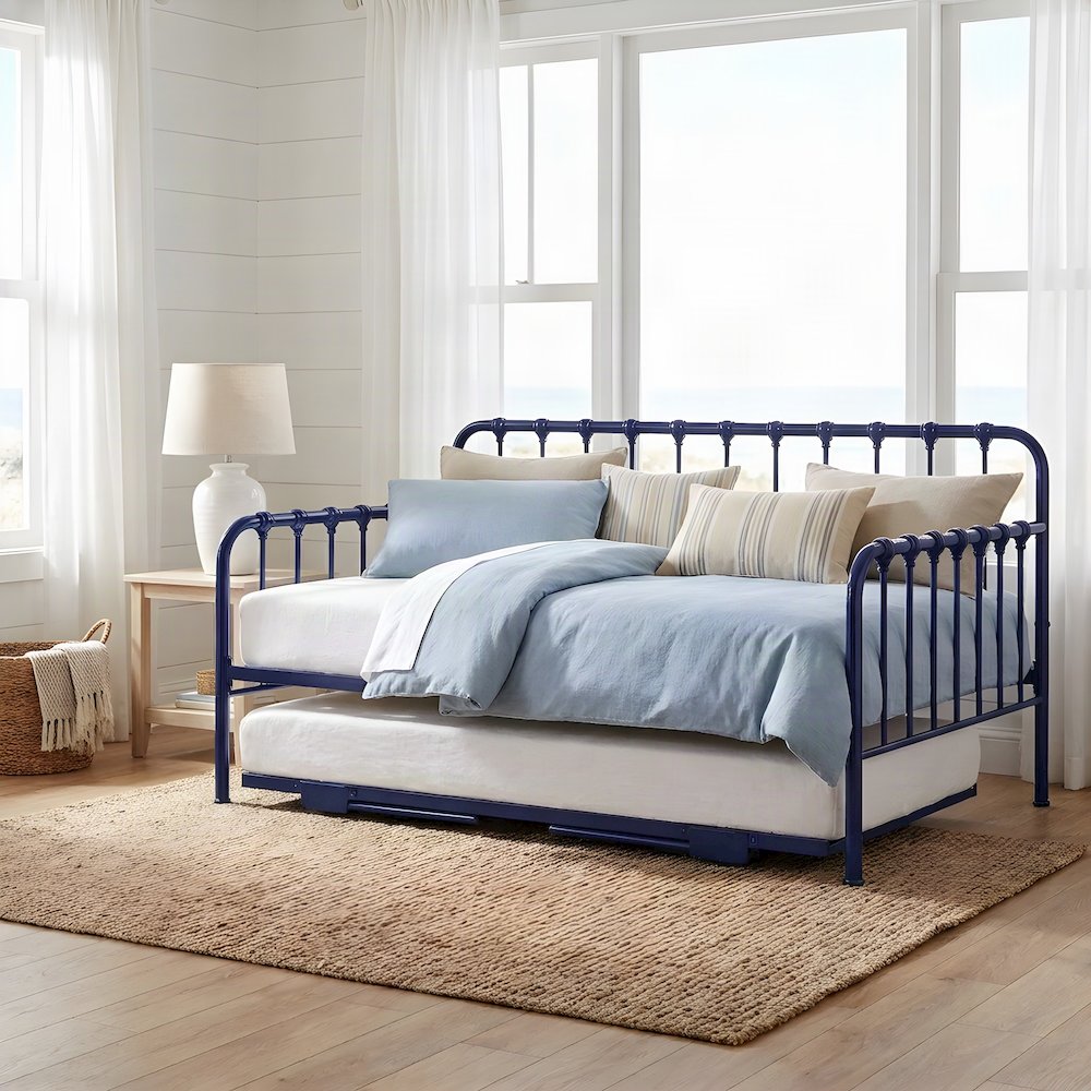 Metal Constance Twin Daybed with Trundle, Steel Slat Sofa Bed Frame, Navy Blue
