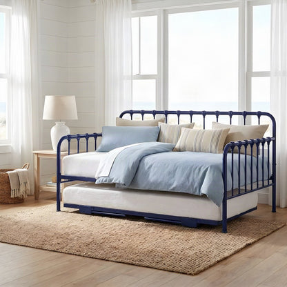 Metal Constance Twin Daybed with Trundle, Steel Slat Sofa Bed Frame, Navy Blue