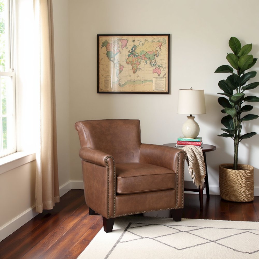 Elegant Brown Leather Accent Chair with Arm Rest and Nailheads Trim