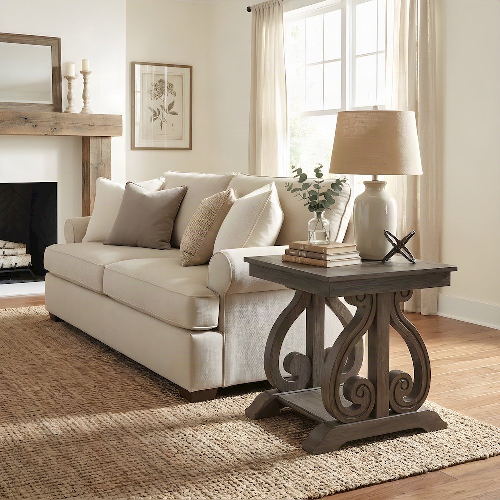 Toulon Pine End Table with Wire-Brushed Finish, Wire-Brushed Power Glaze Oak