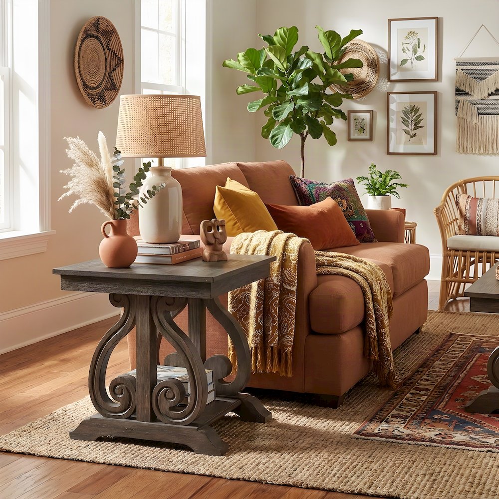 Toulon Pine End Table with Wire-Brushed Finish, Wire-Brushed Power Glaze Oak