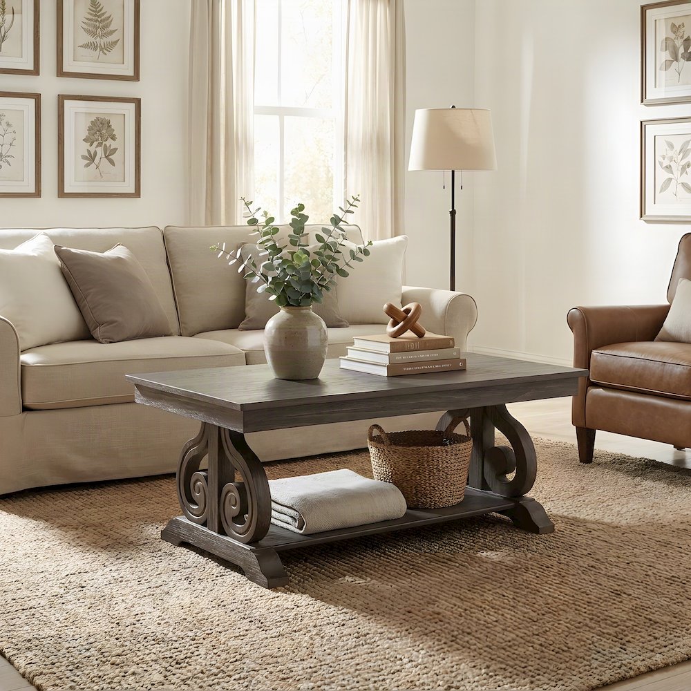 Toulon Solid Pine Farmhouse Rectangle Coffee Table, Wire-Brushed Power Glaze Oak
