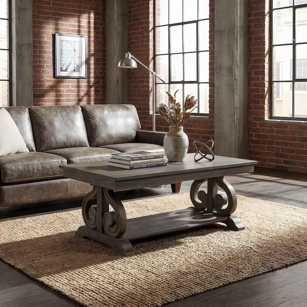 Toulon Solid Pine Farmhouse Rectangle Coffee Table, Wire-Brushed Power Glaze Oak