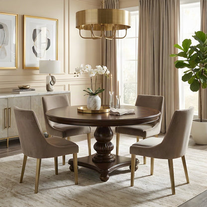 Walnut Veneer Round Pedestal Dining Table, Circle Kitchen Table, Brown Cherry