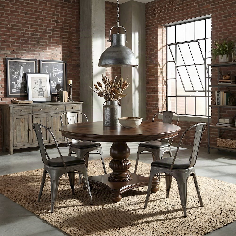 Walnut Veneer Round Pedestal Dining Table, Circle Kitchen Table, Brown Cherry