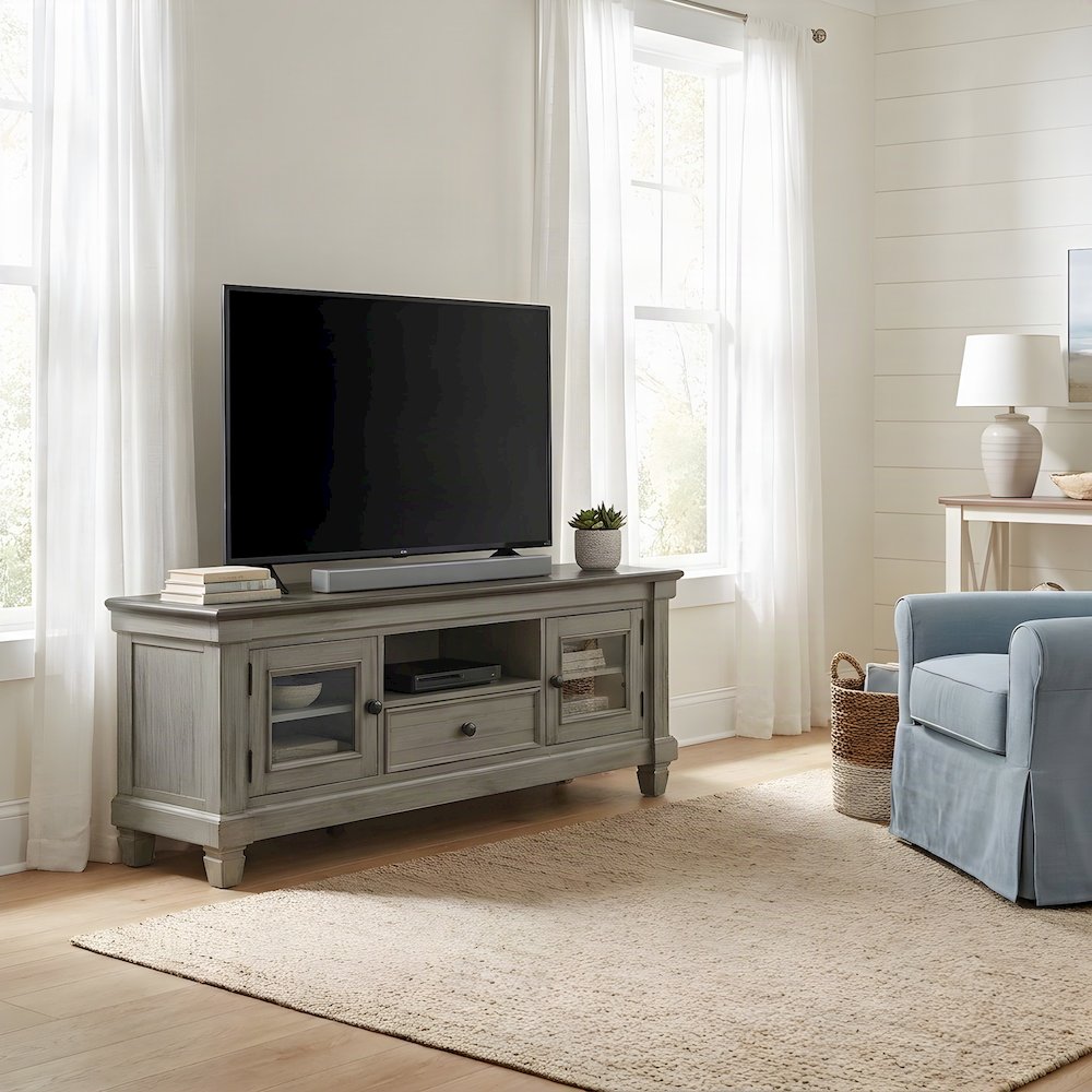 Pine Wood TV Stand with Open Shelves, 2-Tone Antique White and Rosy Brown