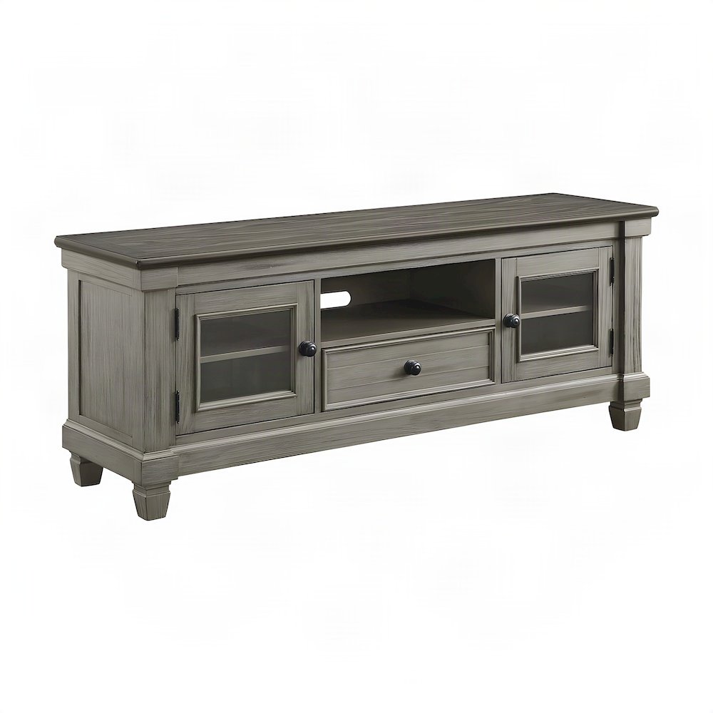 Pine Wood TV Stand with Open Shelves, 2-Tone Antique White and Rosy Brown