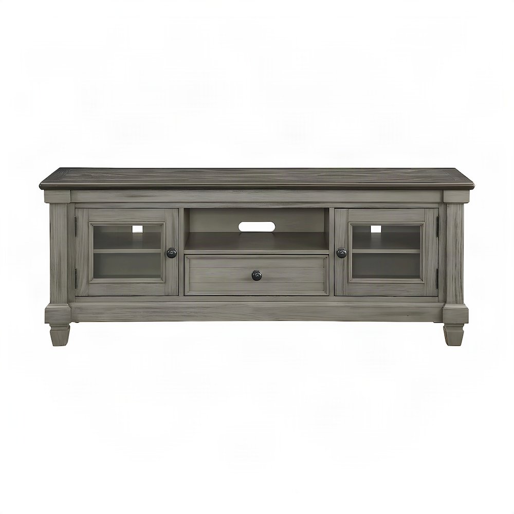 Pine Wood TV Stand with Open Shelves, 2-Tone Antique White and Rosy Brown