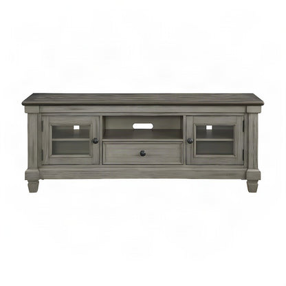 Pine Wood TV Stand with Open Shelves, 2-Tone Antique White and Rosy Brown