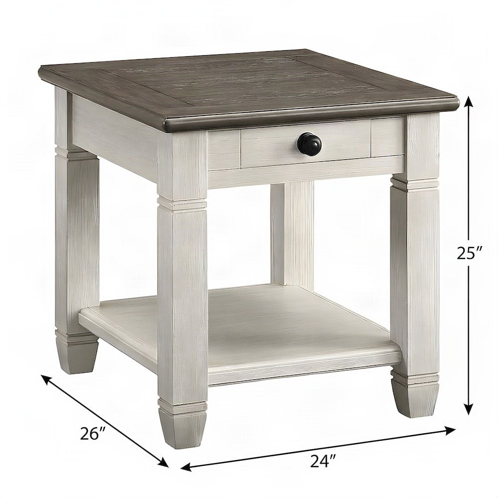 Pine Wood Small Side End Table, 2-Tone Farmhouse Rosy Brown and Antique White