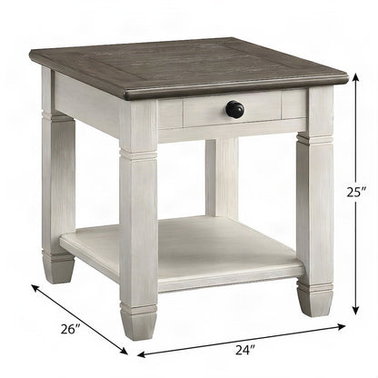 Pine Wood Small Side End Table, 2-Tone Farmhouse Rosy Brown and Antique White