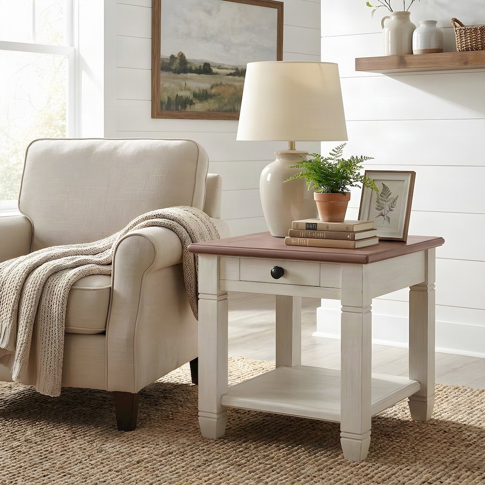 Pine Wood Small Side End Table, 2-Tone Farmhouse Rosy Brown and Antique White