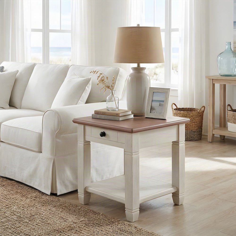 Pine Wood Small Side End Table, 2-Tone Farmhouse Rosy Brown and Antique White