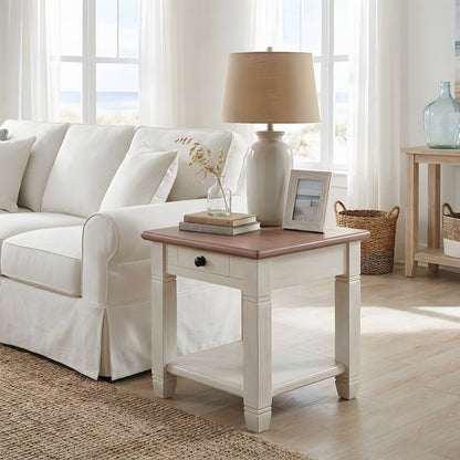 Pine Wood Small Side End Table, 2-Tone Farmhouse Rosy Brown and Antique White