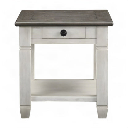 Pine Wood Small Side End Table, 2-Tone Farmhouse Rosy Brown and Antique White