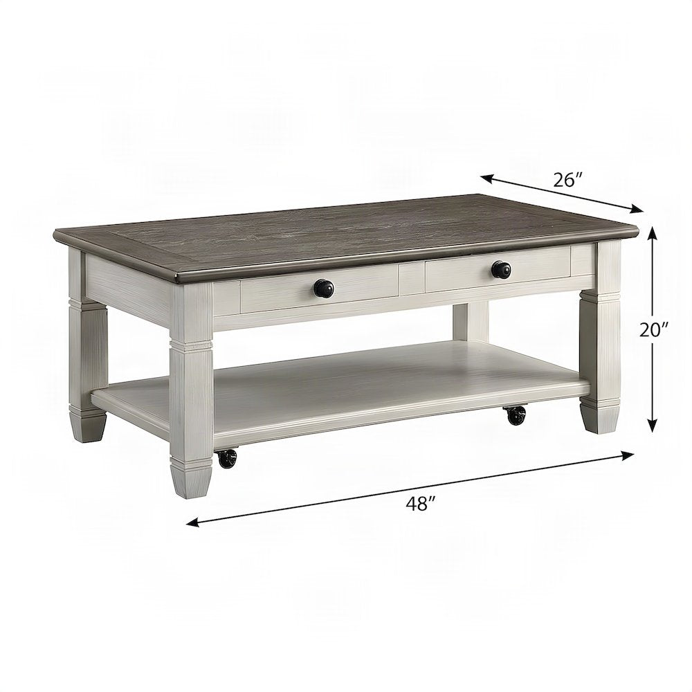 Granby Solid Pine Farmhouse Cocktail Table, 2-Tone Rosy Brown and Antique White