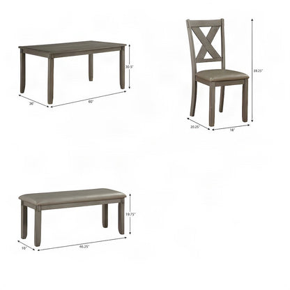 Wood Veneer Dining Table with Faux Leather Chairs 6 Piece Set, Gray