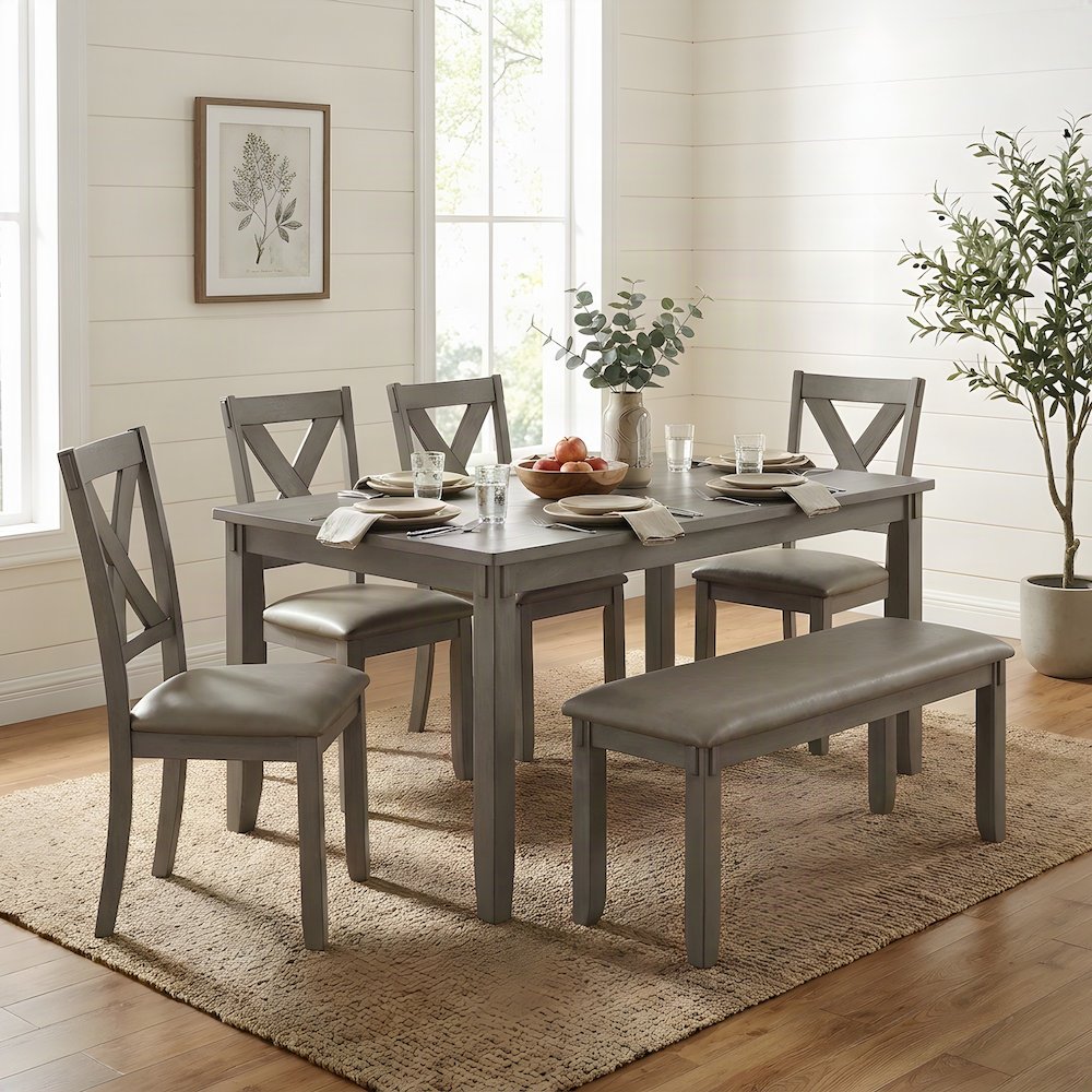 Wood Veneer Dining Table with Faux Leather Chairs 6 Piece Set, Gray