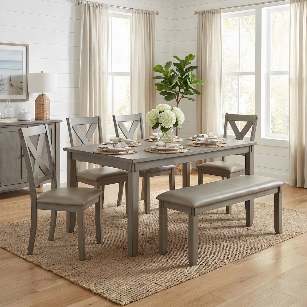 Wood Veneer Dining Table with Faux Leather Chairs 6 Piece Set, Gray