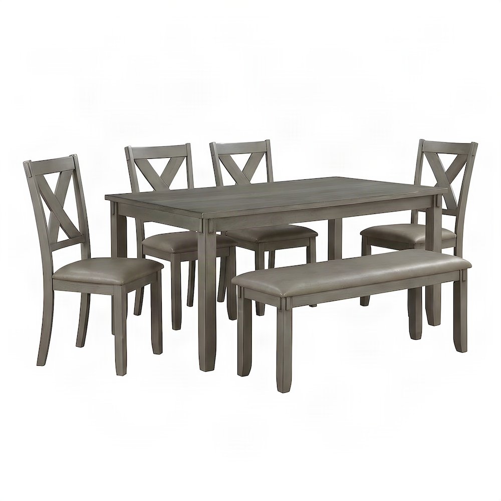 Wood Veneer Dining Table with Faux Leather Chairs 6 Piece Set, Gray