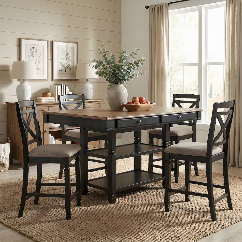 Baywater Wood Counter Height Pub and Bar Dining Table, Natural and Black