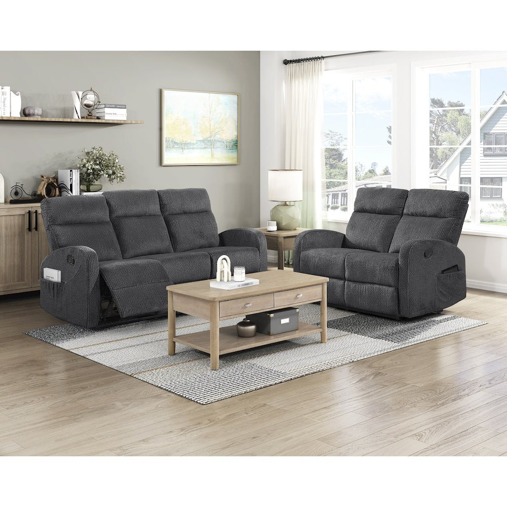 Allen Microfiber Double Reclining Sofa in Dark Gray