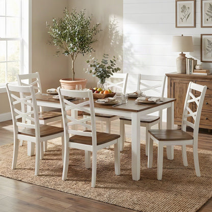 Dobson Mango Veneer Dining Table with Six Chairs, 7 Piece Set, Cherry and White