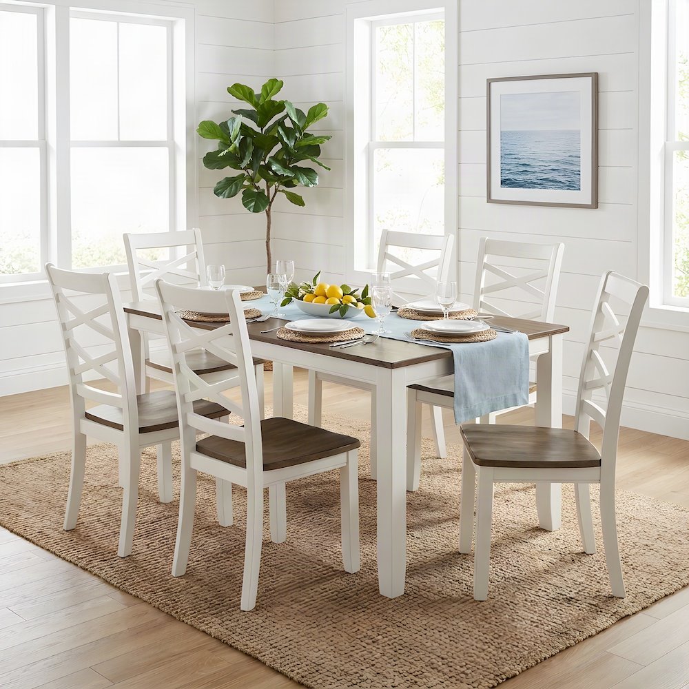 Dobson Mango Veneer Dining Table with Six Chairs, 7 Piece Set, Cherry and White