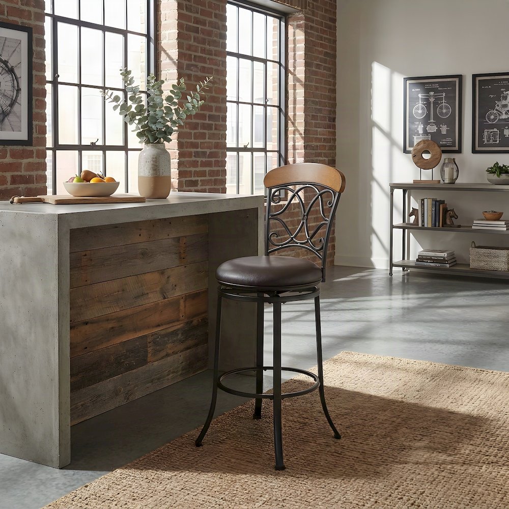 Benson Faux Leather Swivel Pub Height Bar Stool with Footrest, Brown