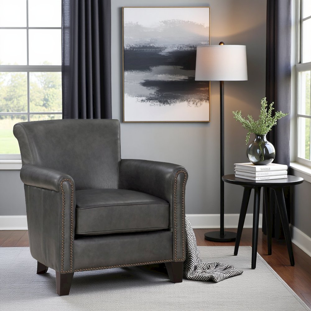 Elegant Gray Leather Accent Chair with Arm Rest and Nailheads Trim