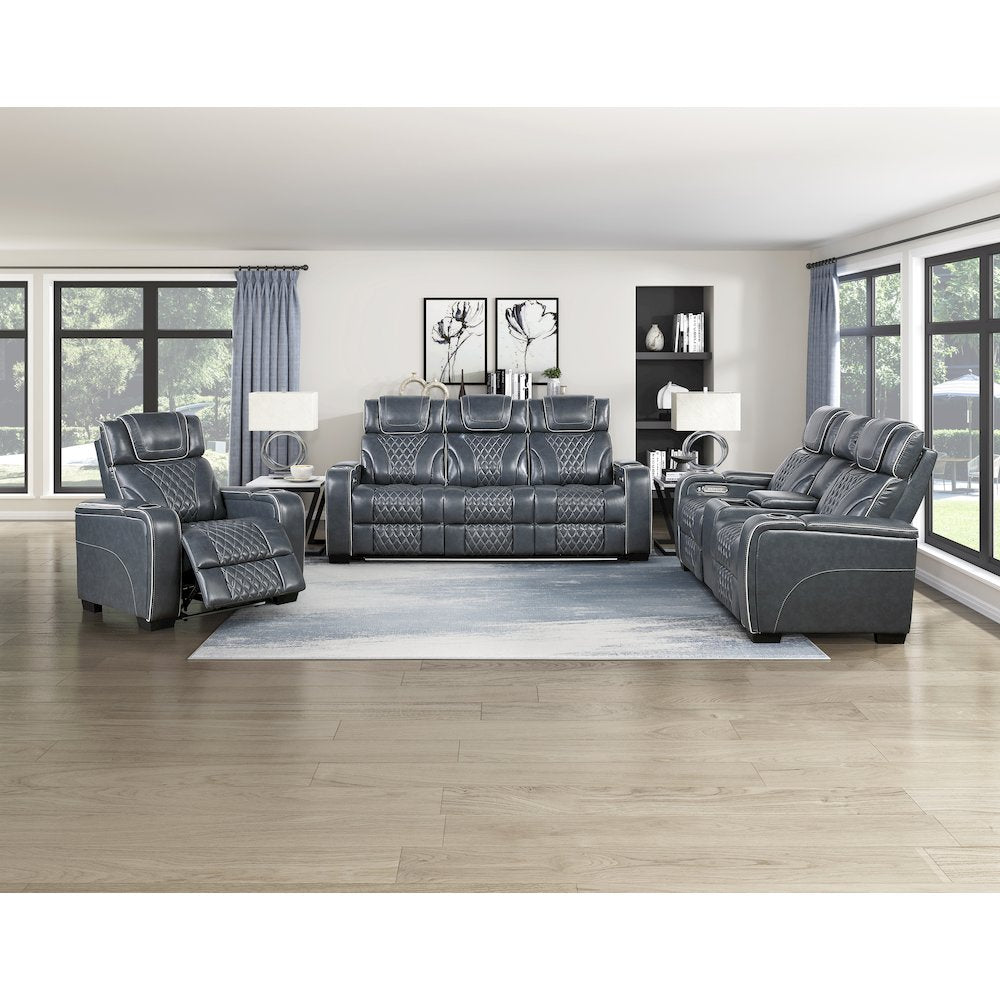 Apex Leather 3pc Set: Sofa, Love, Chair in Blue