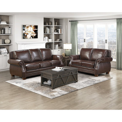 Remington Leather 2pc Set: Sofa, Love in Brown
