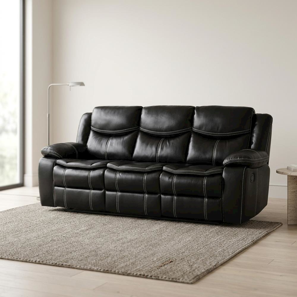 Faux Leather Double Glider Reclining Sofa and Recliner Couch, Black