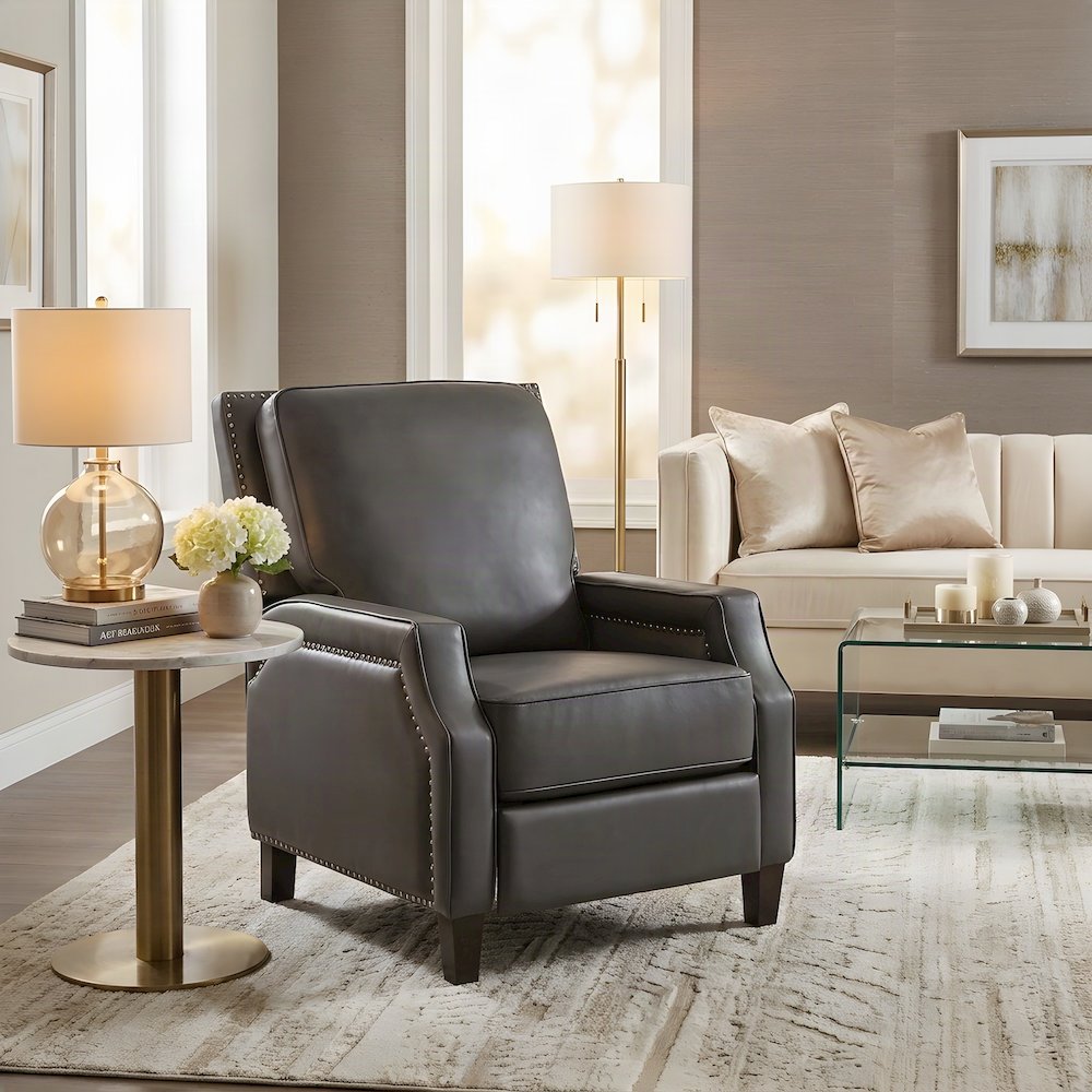 Faux Leather Manual Push Back Recliner Chair, Single Reclining Accent Seat, Gray