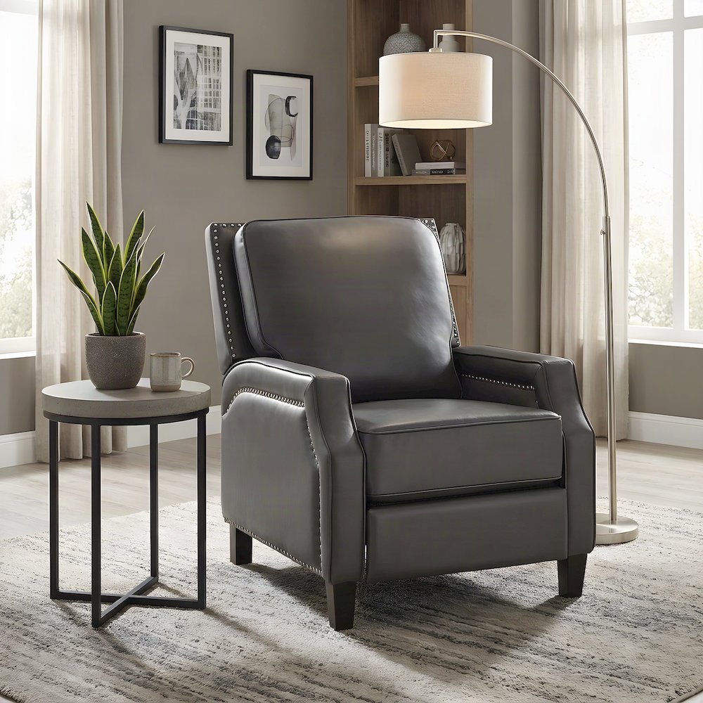 Faux Leather Manual Push Back Recliner Chair, Single Reclining Accent Seat, Gray