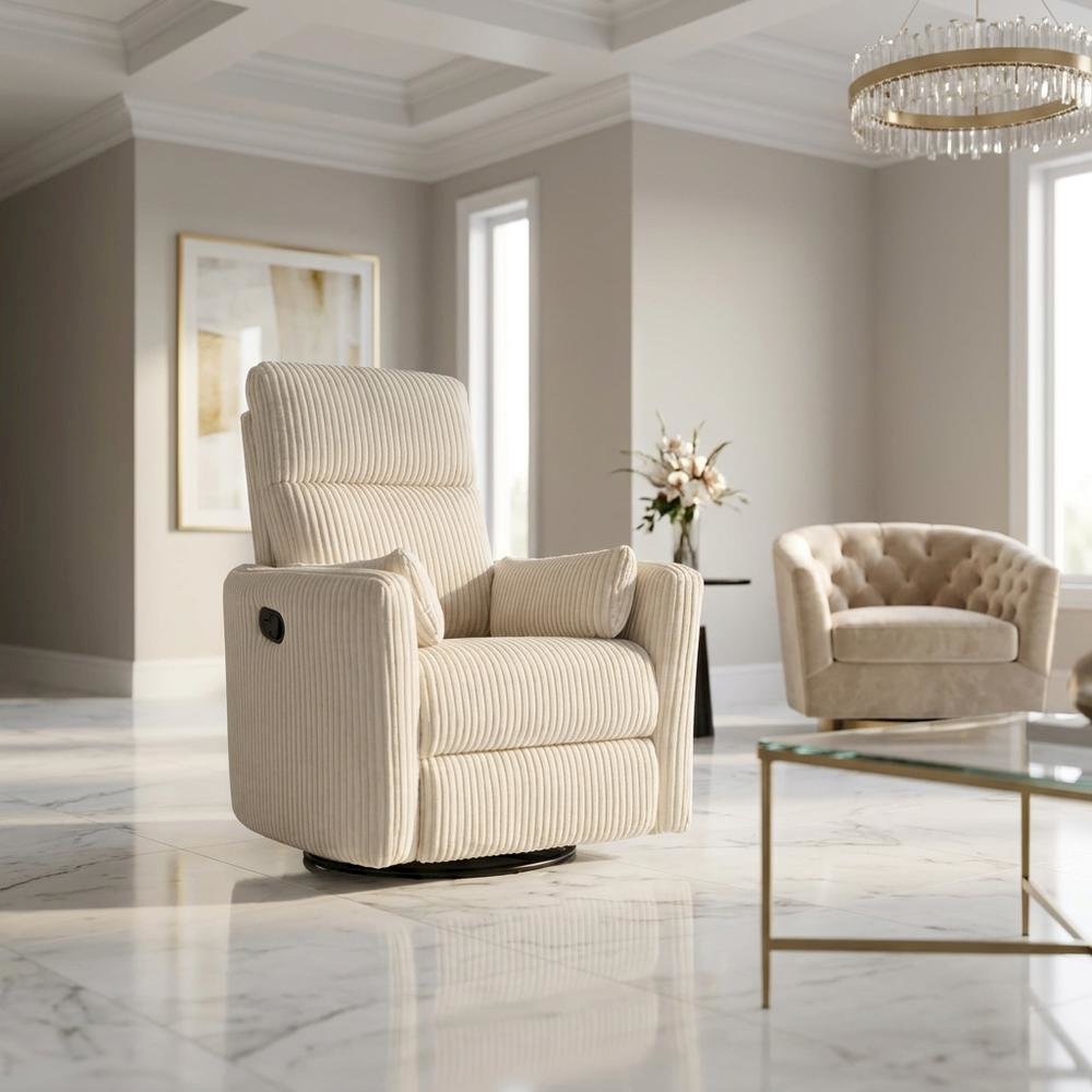 Corduroy Swivel Glider Recliner Chair for Living Room or Nursery, Beige