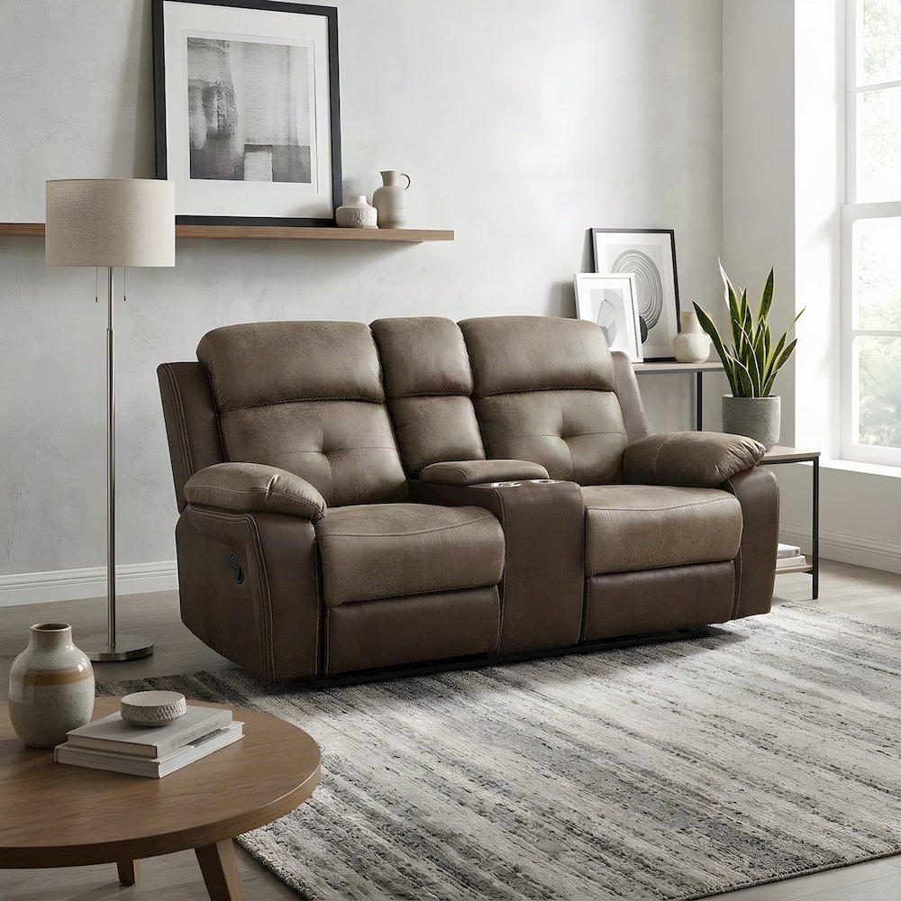 Glendale Microfiber Double Glider Reclining Loveseat and Recliner Couch, Brown