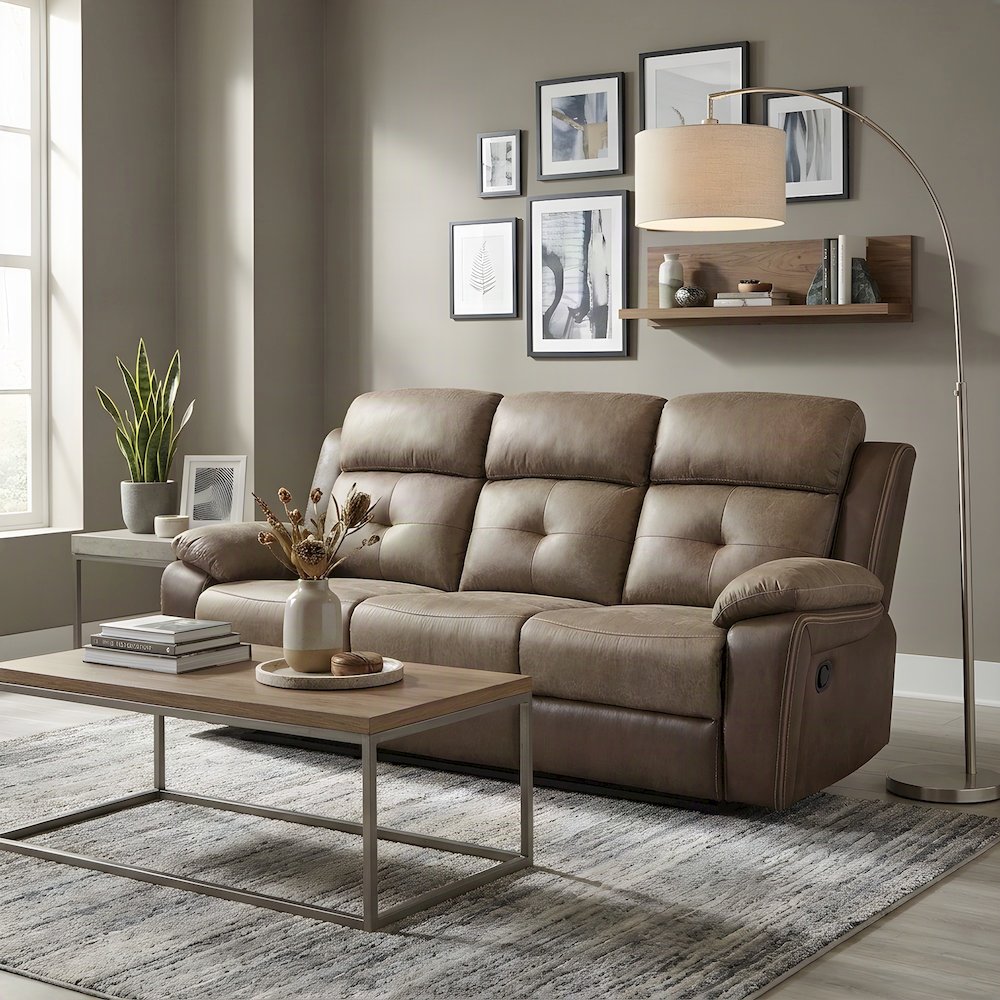 Glendale Microfiber Double Reclining Sofa with Dual Recliners, Brown