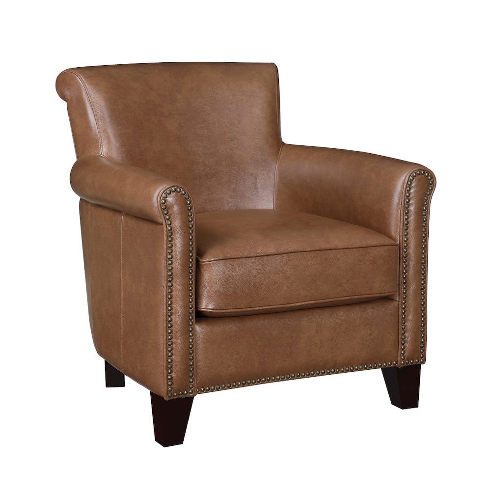 Elegant Brown Leather Accent Chair with Arm Rest and Nailheads Trim