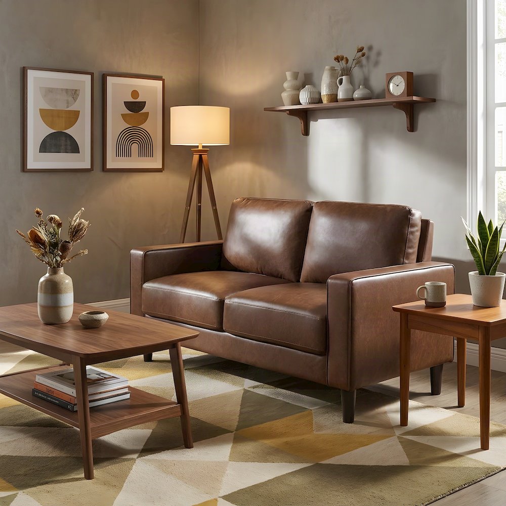 Cushioned Faux Leather Loveseat Sofa, Mini Couch for Small Spaces, Chocolate