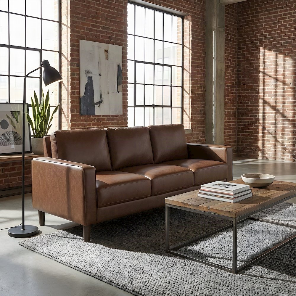 Faux Leather Upholstered Sofa with Cushioned Seat, Small Living Couch, Chocolate