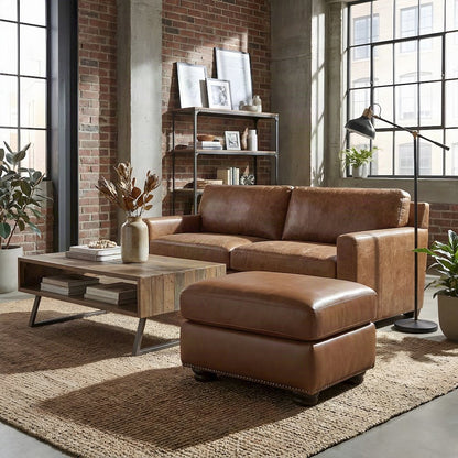 Attleboro Leather Ottoman Footstool with Padded Seat, Camel Brown