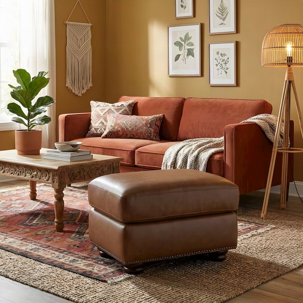 Attleboro Leather Ottoman Footstool with Padded Seat, Camel Brown